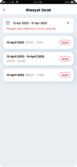 Data riwayat jarak berkendara akan otomatis diperbaharui setiap harinya dan hanya ditampilkan maksimum 3 bulan terakhir.
